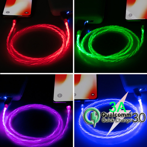 1M 2M 3A Lighting Wire Flowing LED USB Cable Micro USB Charging Cable Type C 8Pin Fast Charger Cable QC 3.0 Quick Charge 3.0 2.0 ► Photo 1/6