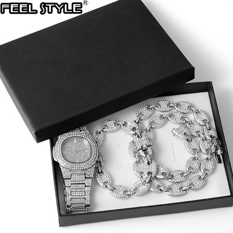 Watch +Chain+Bracelet HIP HOP Coffee Iced Out Alloy Bean Pig Nose Rhinestone Necklace Chain choker Necklaces for Men  Jewelry ► Photo 1/6