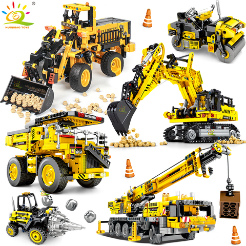 HUIQIBAO Engineering Bulldozer Crane Technic Dump Truck Building Blocks City Construction vehicle car Toy For Children kids gift ► Photo 1/6