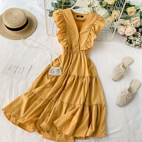 2022 V Neck Ruffles Summer Dress Party Tank Sundress Women Casual A-Line Beach Holiday Dresses Elegant Knee-Length Vestidos ► Photo 1/6