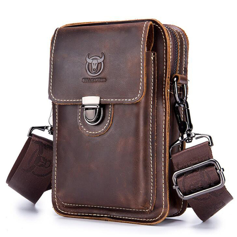 BULLCAPTAIN Crazy horse leather Male Waist Packs Phone Pouch Bags Waist Bag Men's Small chest Shoulder Belt Bag small back pack ► Photo 1/6