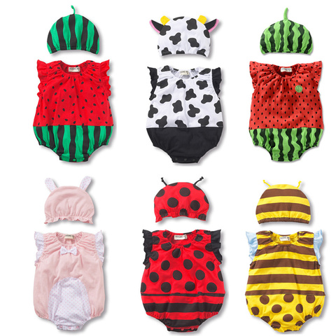 Baby Bodysuit + Hat Summer Baby Boy Girls Watermelon Strawberry Ladybug Jumpsuit Cotton Infant Toddler Costumes Sleeveless ► Photo 1/6