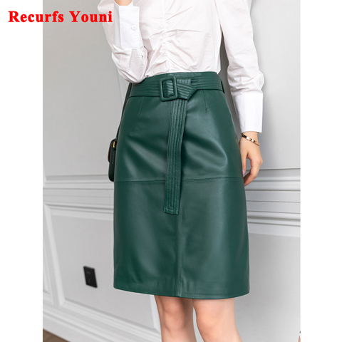 Women Lace-up Genuine Leather Skirt Female Winter Pure Sheep Skin Knee Length Saias With Belt Feminina Neat Stitches Wrap Jupe ► Photo 1/6