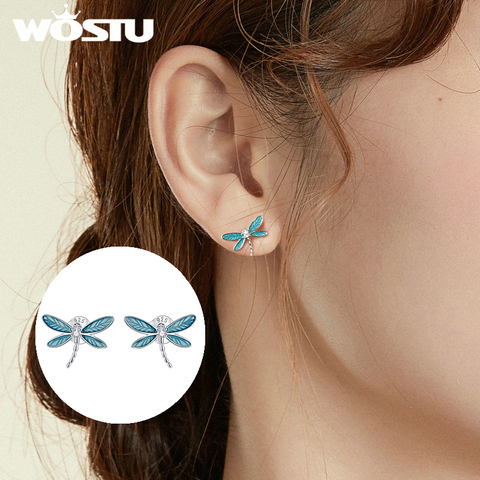 WOSTU Little Dragonfly Stud Earrings 925 Sterling Silver Shining Blue Zircons Fashion Earrings For Women Original Jewelry CTE455 ► Photo 1/6