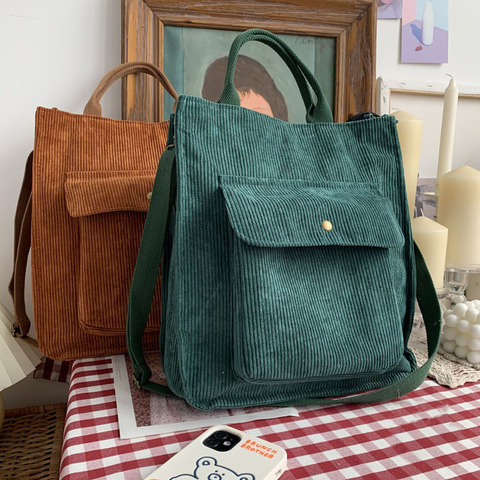 Hylhexyr Corduroy Shoulder Bag Women Vintage Shopping Bags Zipper Girls Student Bookbag Handbags Casual Tote With Outside Pocket ► Photo 1/6