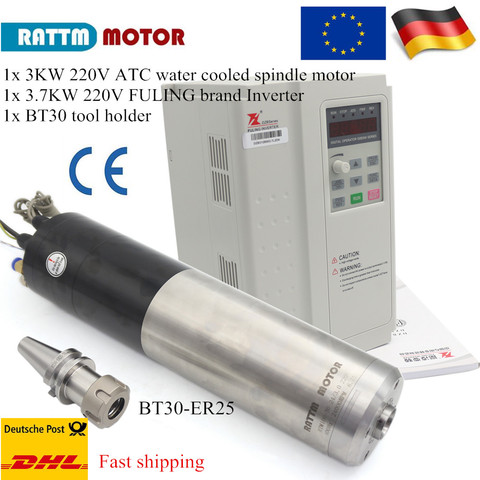 Eu ship 3KW ATC Spindle motor BT30 Water Cooled Spindle & 3.7KW VFD Inverter 220V / 380V FOR CNC Router MILLING machine ► Photo 1/6