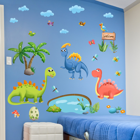 [SHIJUEHEZI] Dinosaurs Animals Wall Stickers DIY Cartoon Birds Tree Mural Decals for Kids Room Baby Bedroom Home Decoration ► Photo 1/6
