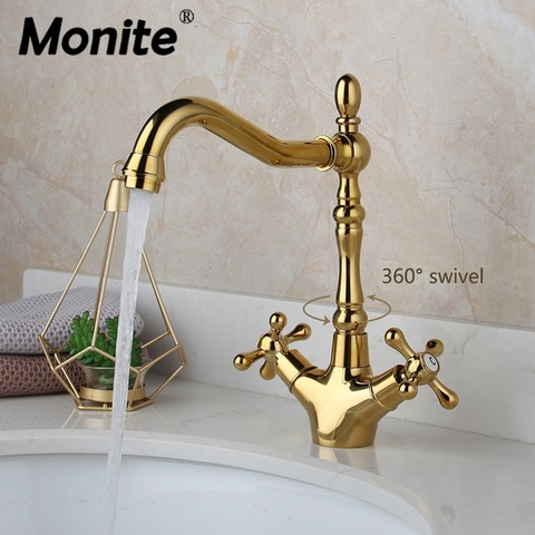 Monite Golden Polish Kitchen Faucet Basin Vessel Rotated Dual Handles Swivel Gold Plated Deck Mounted Mixer Water Tap Faucet ► Photo 1/6