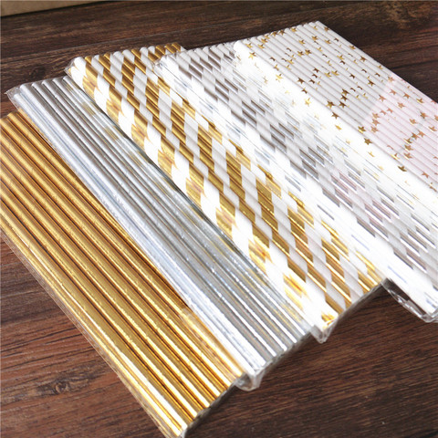 25pcs Metallic Gold heart star Foil Stripe Paper Straws Silver chevron Wedding Party Decor ► Photo 1/6