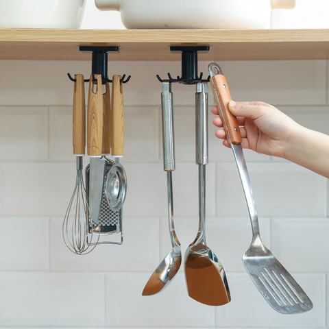 Kitchen Organizer Rack Utensil Holder Wall-mounted Utensils Hanger Supplies Organizers Rotatable Rack with 6 Removable Hooks ► Photo 1/6