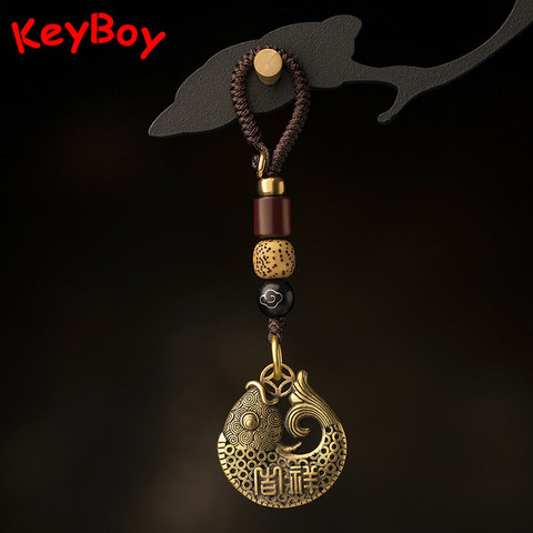 Lucky Fish Brass Car Key Chain Pendant Jewelry Vintage Chinese Style Handmade Woven Rope Keychain Lanyard Keyring Hanging Crafts ► Photo 1/6