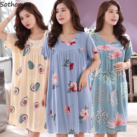 Nightgowns Women Floral Printed Plus Size M-4XL Summer Sleepshirts Short Sleeve Casual Sleepwear Charming Nightwear Comfortable ► Photo 1/6