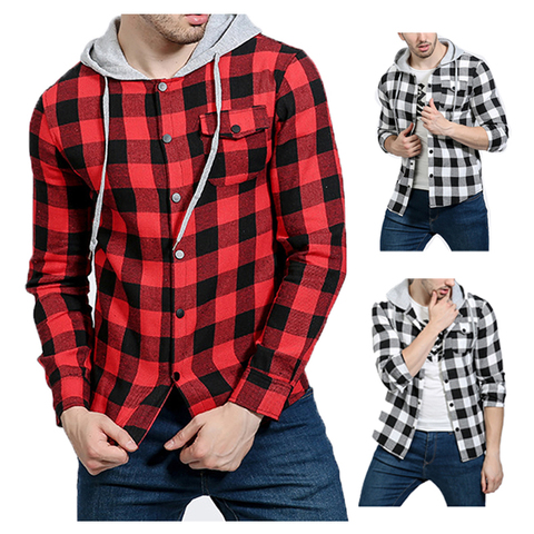 Men's shirt fashionable large Plaid hat chest pocket decoration men's casual shirt ► Photo 1/6