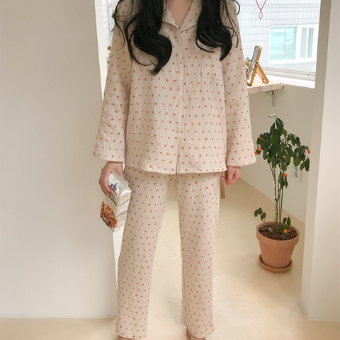 Cotton Linen Sleepwear Set Sweet Cute Cherry Print Pajamas Vintage Kawaii Notched Pocket Home Suit Shirt+Trousers Button S890 ► Photo 1/6