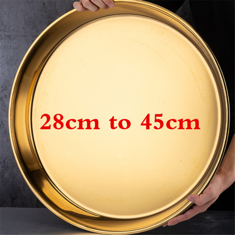 Gold golden stainless steel big round tray plate thick Serving Tray Plater steak Dish Dinner Serving Tray BBQ Grill Meat Dishes ► Photo 1/6