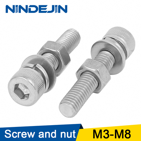 NINDEJIN Hex Socket head cap screw Bolt and Nut Set with plain Washers 304 Stainless Steel Hex Screw M3 M4 M5 M6 M8 Screw Nut ► Photo 1/5