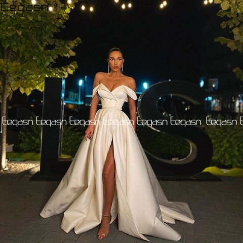 Eeqasn A-line Prom Dress 2022 Spring Satin Off the shoulder V Neck High Slit Long Evening Gown Formal Elegant Vestidos De Gala ► Photo 1/6