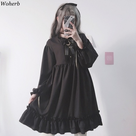 Woherb 2022 Japanese Gothic Summer Chiffon Dress Women Vintage Bow Bandage Ruffle Black Lolita Dresses Vestidos Robe Femme 21664 ► Photo 1/6
