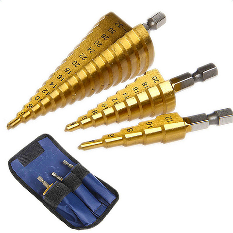 3pc Hss step drill bit set cone hole cutter Taper metric 4 - 12 / 20 / 32mm 1 / 4 