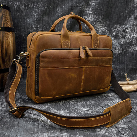 Men Business Briefcase Crazy Horse Genuine Leather Shoulder Portfolio Laptop Bag Fashion Document Bag Cow Leather Office Handbag ► Photo 1/6
