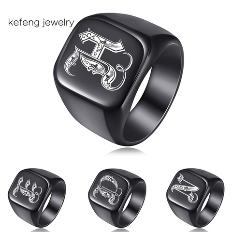18mm Chunky Signet Ring for Men Black Stainless Steel Engraved Royal Initialen Latter Initial A-Z Stamp Ring Custom Jewelry ► Photo 1/6