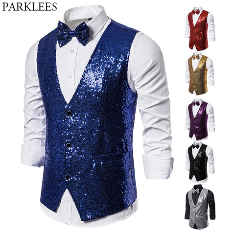 Shiny Royal Blue Sequin Dress Vests Men Slim Fit V Neck Glitter Tuxedo Waistcoat Mens Wedding Party Stage Prom Vest with Bowtie ► Photo 1/6