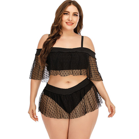 2022 Retro Black Love Women Swimwear Middle Sleeve Large Bikini Mesh Top Short Skirt Swimsuit Plus Size XL to 5XL Beachwear ► Photo 1/6