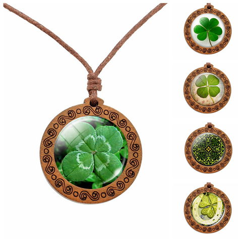 Shamrock Lucky Clover Wood Necklace Wooden Pendant Four Leaf Clover Necklaces Handmade Glass Cabochon Jewelry Women Gift ► Photo 1/6