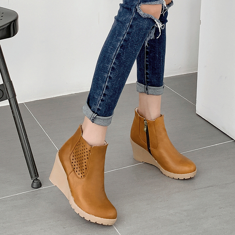 2022 Fashion Women Boots Spring Summer Block Low Heel Ladies Booties PU Leather Botines Hollow Out Ankle Platform Botas Mujer 38 ► Photo 1/6