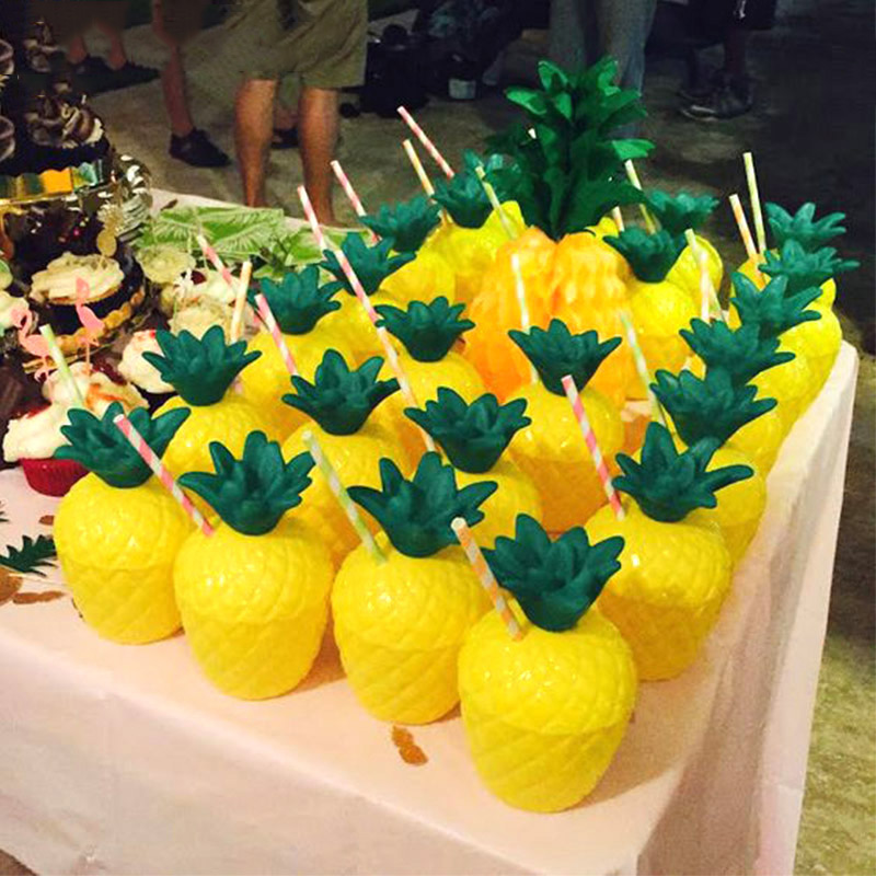 Tropical Plastic Pineapple Drink Cup Straw Birthday Party Decor Yellow 