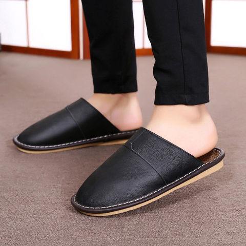 Real Cow Leather Slippers Men Indoor Home Shoe 2022 Spring New Arrival Classic Flat Short Plush Slippers Man ► Photo 1/6