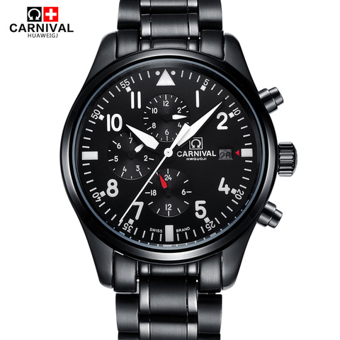 Switzerland CARNIVAL Diving Watch 100m Waterproof Automatic Mechanical Watches Sapphire Calendar Luminous Steel Pilot Watch Men ► Photo 1/6