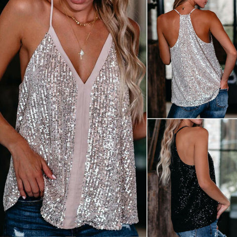 Women V Neck Loose Sleeveless Vest Tanks Camis Lady Sexy Sequin Cocktail Vest Tops Tops  Tees ► Photo 1/6