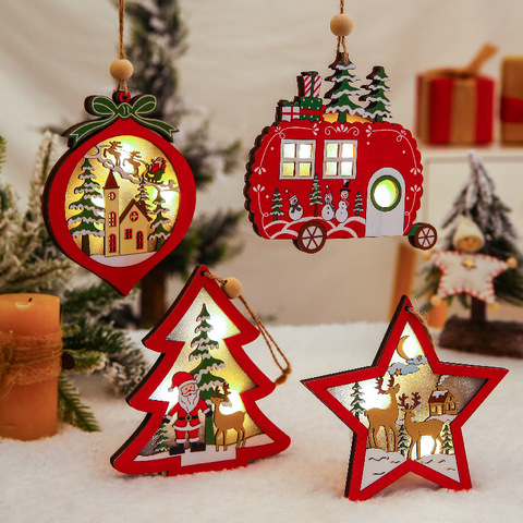 Christmas Ornaments Wooden Hanging Pendant LED Light Santa Claus Christmas Decorations For Home Tree Decor Kids Gift Wood Crafts ► Photo 1/6