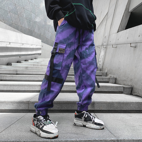 High street Cargo pants men streetwear cotton Pockets Purple Yellow color ► Photo 1/6