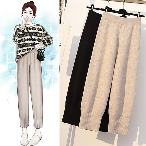 Winter High Elastic Solid Color Knitted Loose Comfortable Wide Leg Long Pant Large Size Harlan Bottoming Pants Plus Size 2022 ► Photo 1/6
