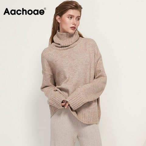 Aachoae Autumn Winter Women Knitted Turtleneck Cashmere Sweater 2022 Casual Basic Pullover Jumper Batwing Long Sleeve Loose Tops ► Photo 1/6