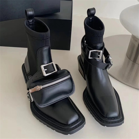 2022 New Square Toe Women Ankle Boots Straps Pocket Stretch Sock Boots Female Chunky Heel Short Booties Autumn Botas Mujer ► Photo 1/6