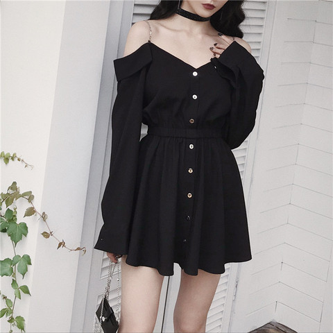 Ruibbit New Spring Autumn Gothic Girls Dresses Hollow Out  V Collar Sexy Women Sling Dress Long Sleeve A Line Black Punk Dress ► Photo 1/6