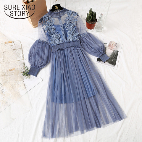 2022 New Women Lace Flower Dress Women Two Piece Set Lantern Sleeve Mesh Long Dress Female Retro Hook Dresses Vestidos 12041 ► Photo 1/6