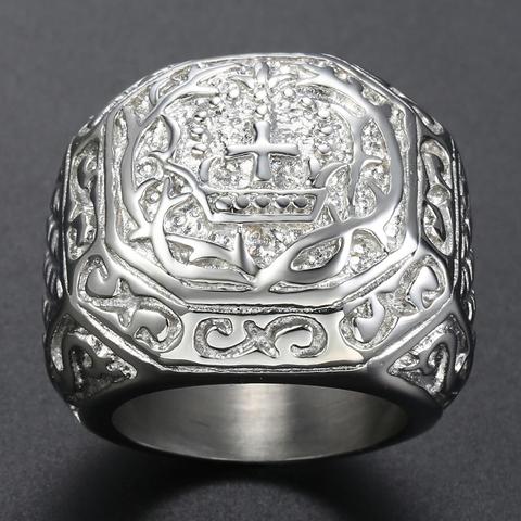 Trendsmax 316L Stainless Steel Hip Hop Men's Ring Rock Silver color  Tone Carved Cross Crown For Mens Boys Jewelry Gift HR141b ► Photo 1/1