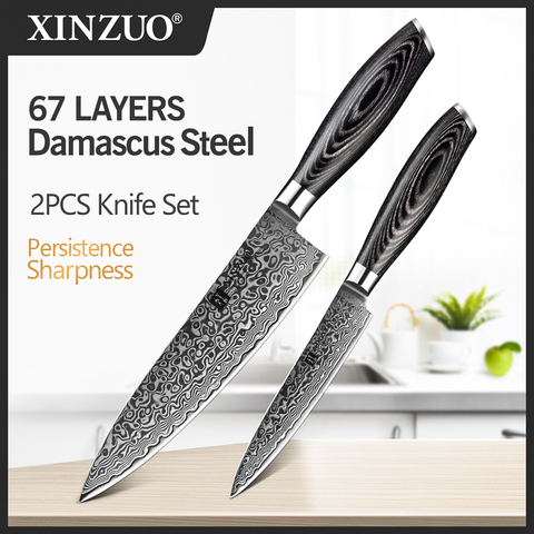 XINZUO 2 Pcs Kitchen Knives Set 67 layers Damascus High Carbon 8'' Chef &5'' Utility Knife Stainless Steel with Pakkawood Handle ► Photo 1/6