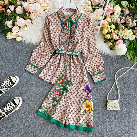 Fashion Vintage Two Piece Set 2022 Summer Turn Down Collar Long Sleeves Blouse Lady Tops+ Shorts Women Vintage Printed Clothing ► Photo 1/6