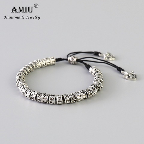 AMIU Tibetan Buddhism Alloy Beads Bracelet Six Words Mantra Handmade Black Knot Antiqued Metal Amulet Beads Bracelet For Men ► Photo 1/4