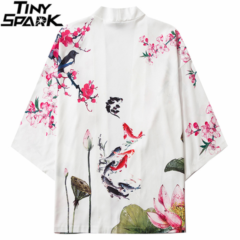 Japanese Kimono Jacket Koi Fish Print 2022 Men Harajuku Streetwear Jacket Coat Casual Thin Gown Japan Style Black White ► Photo 1/6