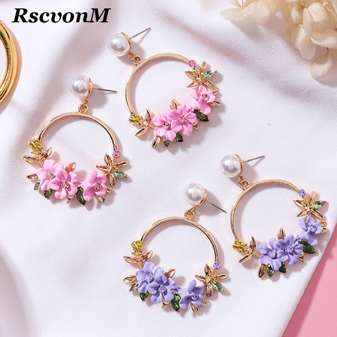 4 Color Trendy Cute Pink Flower Earrings For Women Girls Jewelry Female Rhinestone Gold Metal Round Circle Earrings Gift Brincos ► Photo 1/6