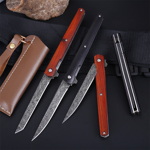 M390 Damascus Folding Knife Survival Tactical Pocket Knife With Leather Sheath Outdoor Hiking Camping Hunting Knives EDC Tool ► Photo 1/5