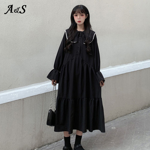 Anbenser Long Flare Sleeve Lolita Dress Women Doll Collar Buttons Elegant Harajuku Black Loose Fashion Lace Up Mid-calf Vestidos ► Photo 1/6