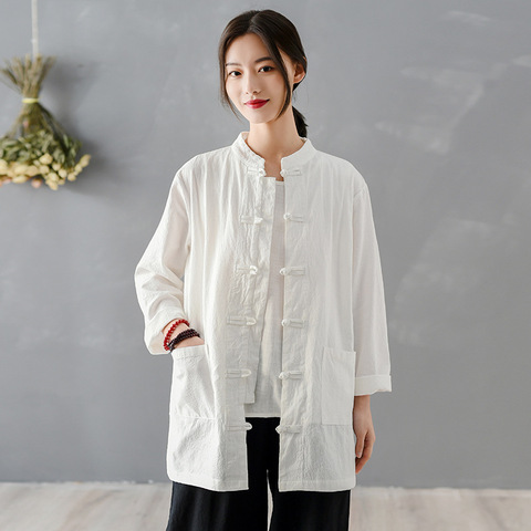 Johnature 2022 New Spring Vintage Women Shirts Cotton Linen Blouses Chinese Style Tops Stand Long Sleeve Button Pockets Shirts ► Photo 1/6