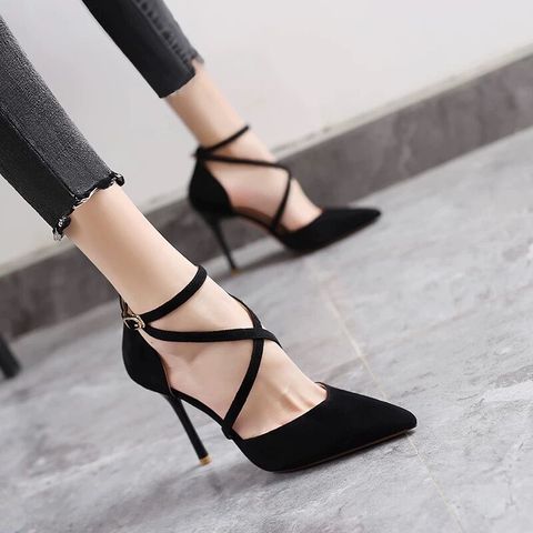 Women's High Heels 2022 New Stiletto Pointed Suede Straps with A Word Buckle Net Red French Girl Single Shoes Sexy Summer ► Photo 1/6